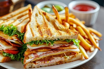 Mouthwatering club sandwich and French fries - Powered by Adobe