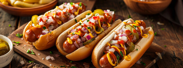 juicy fresh hot dogs on the table with vegetables. - obrazy, fototapety, plakaty