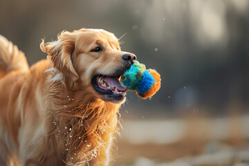 Golden Retriever Dog Chewing and Playing with Colorful Balls
