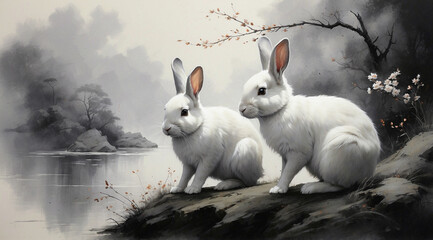 Two white rabbits by the river. beautiful natural scenery. Illustration in ink painting style. Generative Ai
