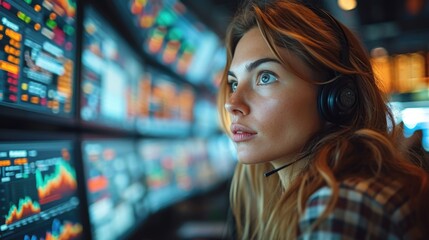 Focused female financial analyst on a busy trading floor, depicting the intensity of finance. - obrazy, fototapety, plakaty