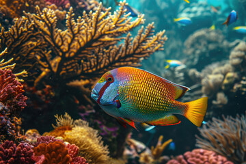 Naklejka na ściany i meble Colorful Fish Surrounded By Vibrant Coral Reef