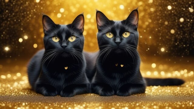 Two black cats on a gold background with hearts on their necks.Valentine's Day. Holiday