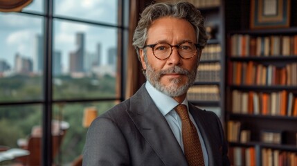 Authoritative male lawyer in a legal office, representing expertise and professionalism in law.