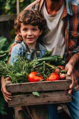 a farmer and his son hold a box with freshly picked vegetables