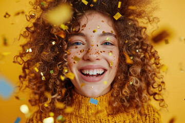 Birthday Celebration With Gold Confetti For A Woman With Curly Hair