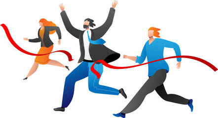 Three business people racing to finish line, man in suit winning. Office competition, employees in corporate race, career success vector illustration.