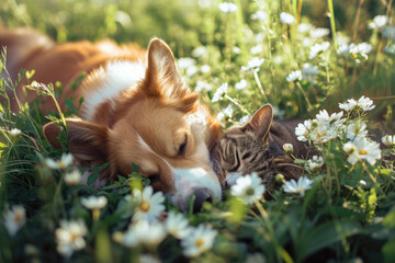 Playful Canine And Feline Enjoying A Meadow Of Blooming Flowers