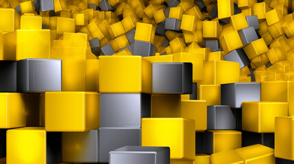 The image depicts a chaotic pile of three-dimensional cubes in varying shades of yellow and grey, creating a vibrant and dynamic abstract composition.Background concept. AI generated.