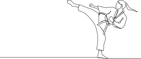 continuous single line drawing of female karateka practicing karate, line art vector illustration