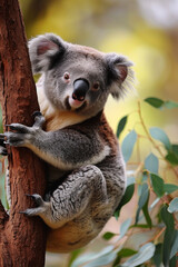 A cute koala is sitting on a tree branch
