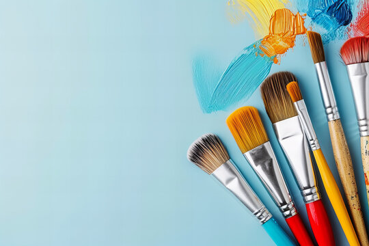 Paint brushes, paints , fine art tools border frame isolated on pastel blue background