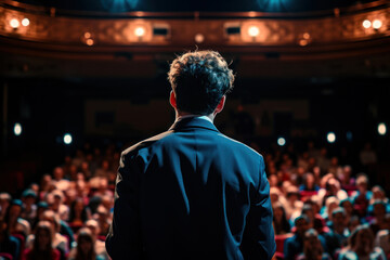 Fototapeta premium Businessman standing in front of the audience at the conference hall, rear view