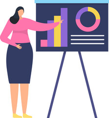 Female professional presenting graph and data analysis during business meeting. Confident woman explaining charts. Presentation and corporate environment vector illustration.