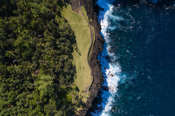 Aerial view of the black lava cliffs formed by the different flows that threw themselves into the blue of the ocean, of Cap Méchant, the sea and its palm forest, Reunion Island
