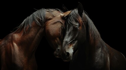 two horses in love on black background