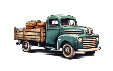 A side perspective of a retro pickup truck with a wooden barrel, depicted in a vintage-style color engraving.