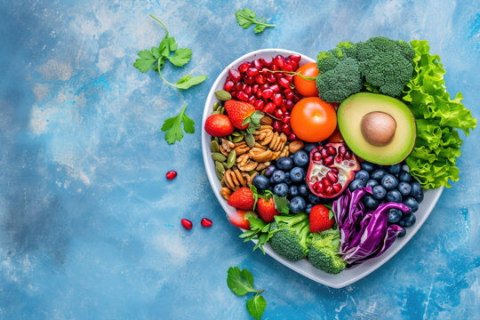 Heartshaped Plate Of Healthy Food On Blue Background