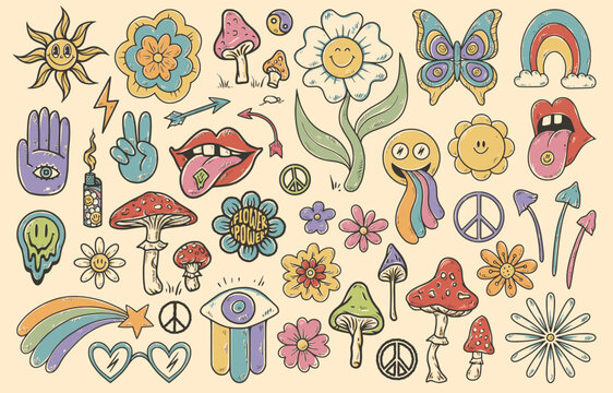 Groovy hippie 70s set. Funny cartoon flower, rainbow, peace, Love, heart, daisy, mushroom. Sticker pack in retro psychedelic cartoon style. Collection of elements for design in funky 60s, 80s style