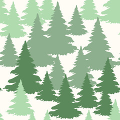 Obraz premium Christmas trees seamless pattern on light background. Forest green bonatical design with fir for home textiles, interiors, cotton fabric, wrapping paper. Vector illustration.