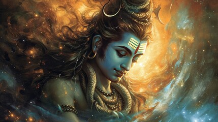 digital art of Lord Shiva face with nebula background - obrazy, fototapety, plakaty