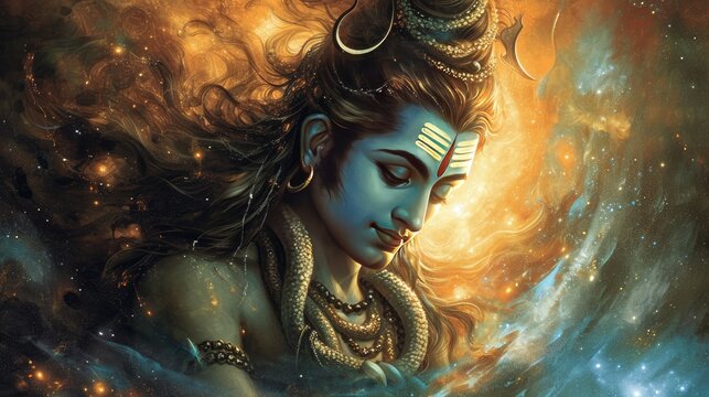 digital art of Lord Shiva face with nebula background