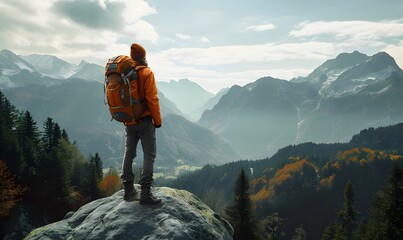 Mountain Ascent - Back View of Mountain Climber Wearing Hat and Backpack, Standing on a Rock, Gazing at the Majestic Mountains Ahead