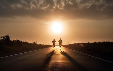 Two people are jogging, running along the road, in the rays of the sun