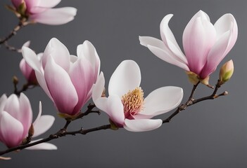 Beautiful blooming magnolia branch isolated on grey anthracite background panorama banner long
