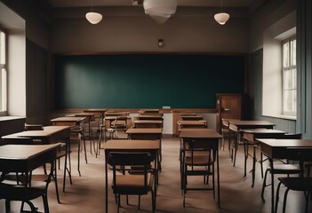 Fototapeta na wymiar CORONAVIRUS School closed Empty classroom with high chairs and empty blackboard