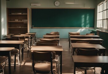CORONAVIRUS School closed Empty classroom with high chairs and empty green blackboard chalkboard - Powered by Adobe