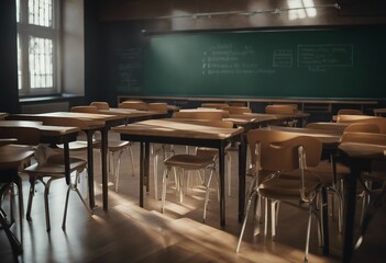 CORONAVIRUS School closed Empty classroom with high chairs and empty green blackboard chalkboard