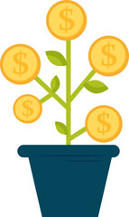 Money growth concept with dollar coins blooming on plant. Financial success and investment. Income increase, economic prosperity vector illustration.