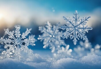 Snowflakes and ice crystals isolated on blue sky winter background panorama banner long