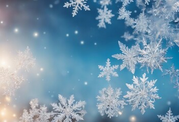 Fototapeta na wymiar Snowflakes and ice crystals isolated on blue sky winter background panorama banner long