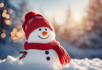 Winter holiday christmas background banner Closeup of cute funny laughing snowman with wool hat and