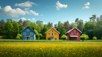 Colorful House In Green Land With Hills Background, Generative Ai