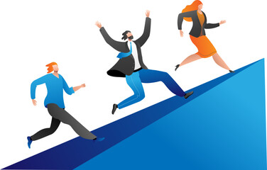 Three businesspeople run up an incline in dynamic poses, showing determination. Corporate race, career growth, and competition concept vector illustration.