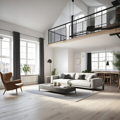 New modern scandinavian loft apartment. 3d rendering.