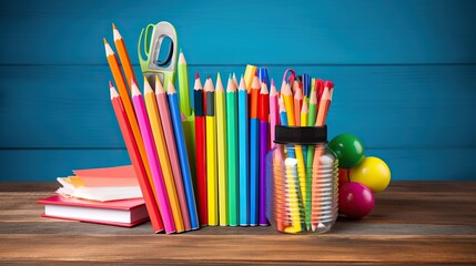 A set of stationery, school supplies and a clock on a table in the classroom. Time to study.Bright...