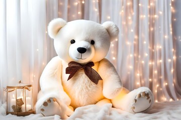 Create an enchanting stock photo featuring a big white teddy bear, designed as a children's toy for big girls.

