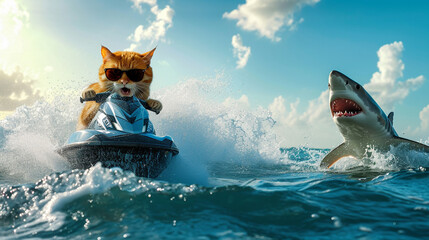 A shark is chasing a cat driving a motorboat - obrazy, fototapety, plakaty