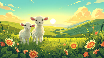 Beautiful Sheeps In Green Hills Landscape, Vector Illustration, Generative Ai