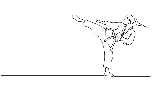 animated continuous single line drawing of female karateka practicing karate, line art animation
