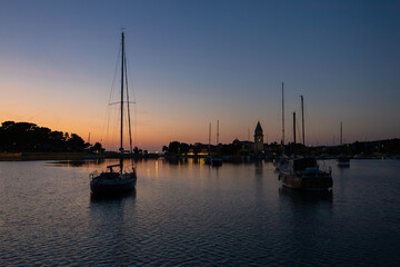 Fototapeta na wymiar Evening Dusk Light Panorama of Osor Town Harbor in Croatia