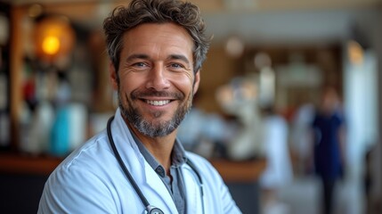 Warm and trustworthy male doctor in a medical setting, symbolizing healthcare professionalism.