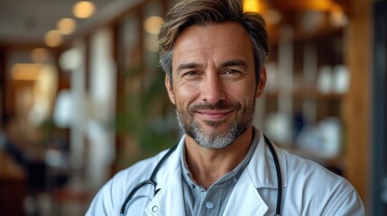 Fototapeta premium Warm and trustworthy male doctor in a medical setting, symbolizing healthcare professionalism.