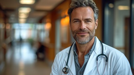Fototapeta na wymiar Warm and trustworthy male doctor in a medical setting, symbolizing healthcare professionalism.