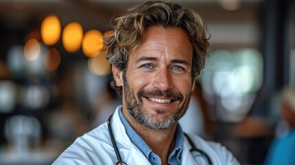 Fototapeta premium Warm and trustworthy male doctor in a medical setting, symbolizing healthcare professionalism.