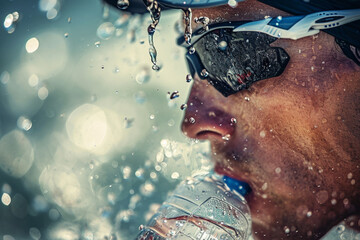 A triathlete hydrating during the running segment, capturing the exhaustion and perseverance required in the sport. - obrazy, fototapety, plakaty
